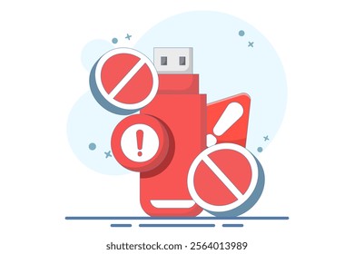 dangerous flashdisk or USB flash drive concept. flashdisk with exclamation mark. safety and security warning. be careful. icon or symbol. minimalist style design. vector illustration.
