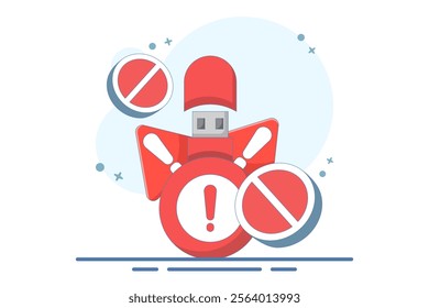 dangerous flashdisk or USB flash drive concept. flashdisk with exclamation mark. safety and security warning. be careful. icon or symbol. minimalist style design. vector illustration.