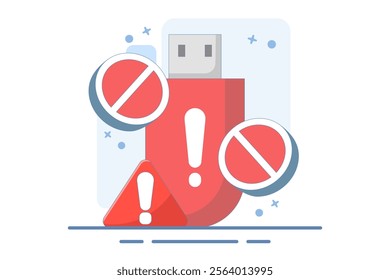 dangerous flashdisk or USB flash drive concept. flashdisk with exclamation mark. safety and security warning. be careful. icon or symbol. minimalist style design. vector illustration.
