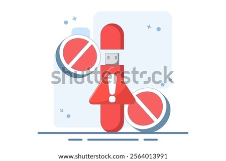 dangerous flashdisk or USB flash drive concept. flashdisk with exclamation mark. safety and security warning. be careful. icon or symbol. minimalist style design. vector illustration.