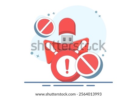 dangerous flashdisk or USB flash drive concept. flashdisk with exclamation mark. safety and security warning. be careful. icon or symbol. minimalist style design. vector illustration.