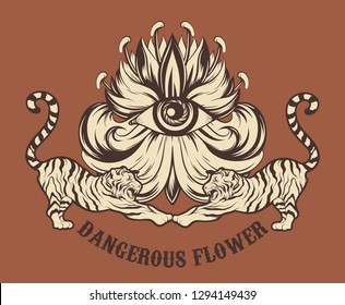 Dangerous flower. Vector hand drawn illustration of tigers and flower with human eye . Surrealistic tattoo artwork. Template for card, poster. banner, print for t-shirt, pin, badge, patch.