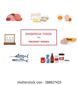 Dangerous foods set for pregnant women, illustration, vector