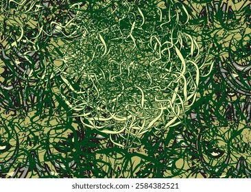 Dangerous forest backdrop in green tonality for fabrics or covers. Twirled linear motifs for fashion trends, business concepts, textiles, interior solutions, tiles, prints, wallpapers, posters, etc. 