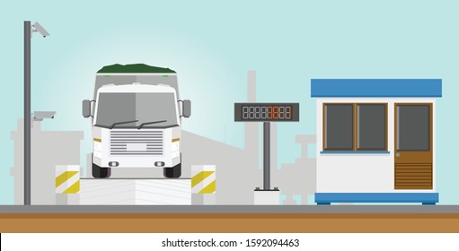 Dangerous garbage truck on the weighing scale at the checkpoint. Before and after transport operations. Beside with CCTV Camera.