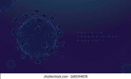 Dangerous Geometric Blue Corona Virus Model With Dark Background, Pandemic Disease 3D Vector Line Art Illustration