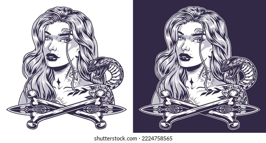 Dangerous girl portrait monochrome emblem with snake on shoulder and sharp daggers near woman with tattoo on face vector illustration