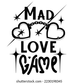 Dangerous Glamor psychedelic love concept. Creepy-gotische, herzförmige Handschellen mit Slogan, Satz: "Mad love game". Y2K Goth Print, Aufkleber. 1990er, 2000er-Jahre, handgezeichnet, Vektorsilhouette