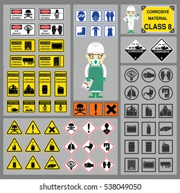 Dangerous Goods And Hazardous Materials - Set Of Signs And Symbols Of Corrosive Material Class With Cute Safety Cartoon Character And New Symbol Design