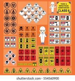 Dangerous Goods and Hazardous Materials - Set of Signs and Symbols of Toxic and Infectious Substances Class with cute safety cartoon character and new symbol design