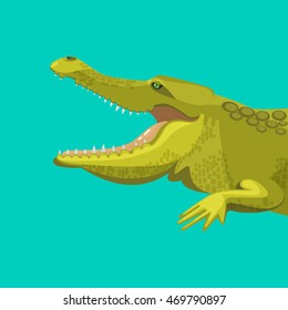 Dangerous green alligator is showing his teeth, colorful flat vector illustration