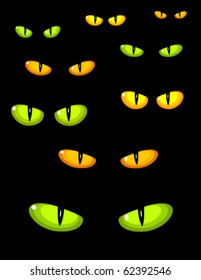 A lot of dangerous green and yellow wild cat eyes in darkness