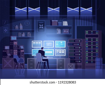 Dangerous Hacker Breaks into Government Data Servers and Infects Their System with a Virus. His Hideout Place has Dark Atmosphere, Multiple Displays, Cables Everywhere. Vector flat illustration