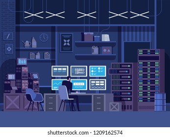 Dangerous Hacker Breaks into Government Data Servers and Infects Their System with a Virus. His Hideout Place has Dark Atmosphere, Multiple Displays, Cables Everywhere. Vector flat illustration