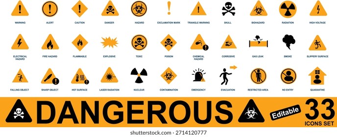 Paquete de iconos de peligro peligroso con advertencia Precaución Radiación de incendio eléctrico Riesgo biológico y símbolos de seguridad para App de señalización de seguridad de Industrial y conjunto de iconos de Diseño web 33