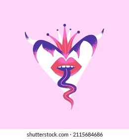 Dangerous heart. Creative Valentines Day card. Contemporary art. Mystical vector illustration in pink and purple colors. Unique style. T-shirt, cover, poster