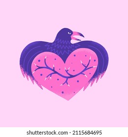 Dangerous heart. Creative Valentines Day card. Contemporary art. Mystical vector illustration in pink and purple colors. Unique style. T-shirt, cover, poster