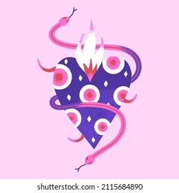 Dangerous heart. Creative Valentines Day card. Contemporary art. Mystical vector illustration in pink and purple colors. Unique style. T-shirt, cover, poster