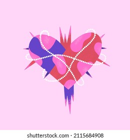 Dangerous heart. Creative Valentines Day card. Contemporary art. Mystical vector illustration in pink and purple colors. Unique style. T-shirt, cover, poster