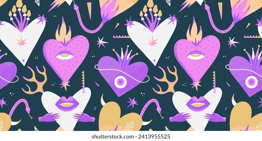 Dangerous hearts. Seamless pattern. Creative Valentines Day design. Contemporary art. Mystical vector illustration in white, purple, yellow colors. Wallpaper, wrapping paper, textile, banner