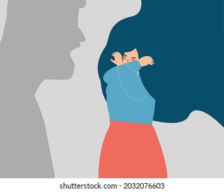 A dangerous human shadow threatens a woman. Strong young girl says no to abuse and protects herself. Domestic violence, school bullying, protest against aggressively concept. Vector illustration	