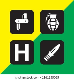 dangerous icon. 4 dangerous set with blade, huge, hand grenade and knife vector icons for web and mobile app
