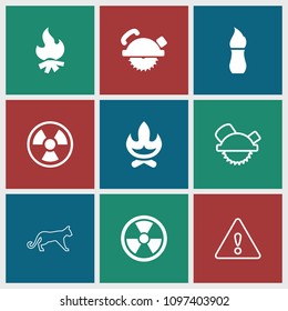 Dangerous icon. collection of 9 dangerous filled and outline icons such as saw blade, bonfire, radiation, warning, brush. editable dangerous icons for web and mobile.