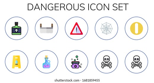 dangerous icon set. 10 flat dangerous icons. Included poison, wet floor, saw, warning, spider web, danger icons