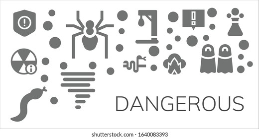 dangerous icon set. 11 filled dangerous icons.  Simple modern icons such as: Warning, Spider, Alert, Snake, Dangerous, Gallow, Tornado, Fins, Poison