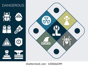 dangerous icon set. 13 filled dangerous icons.  Collection Of - Cobra, Snake, Eruption, Warning, Fins, Fleas, Forest fire, Poison, Radioactive, Shark, Spider