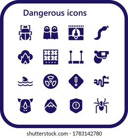 dangerous icon set. 16 filled dangerous icons. Included Fleas, Fins, Bungee jumping, Snake, Dangerous, Burner, Trapeze, Pistol, Shark, Radioactive, Danger, Rhino, Forest fire icons