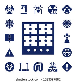 dangerous icon set. 17 filled dangerous icons.  Collection Of - Biohazard, Spider web, Alert, Burner, Poison, Radioactive, Gallow, Trapeze, Spider, Snake, Eruption, Dangerous