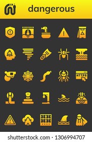 dangerous icon set. 26 filled dangerous icons.  Simple modern icons about  - Warning, Snake, Bungee jumping, Alert, Danger, Tornado, Fins, Spider, Eruption, Pistol, Spider web