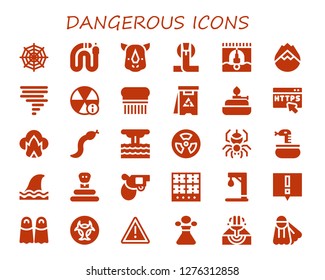  dangerous icon set. 30 filled dangerous icons. Simple modern icons about  - Spider web, Snake, Rhino, Cobra, Bungee jumping, Forest fire, Tornado, Alert, Flea, Danger, Burner