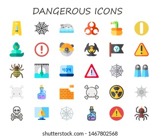 dangerous icon set. 30 flat dangerous icons.  Simple modern icons about  - wet floor, spider web, shark, biohazard, snake, warning, cobra, exclamation mark, saw, pirate flag, spider