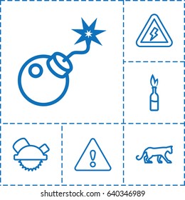 Dangerous icon. set of 6 dangerous outline icons such as panther, saw blade, bomb, warning, voltage warning
