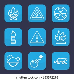Dangerous icon. set of 9 outline dangerous icons such as panther, brush, saw blade, no fire, bomb, warning, voltage warning, radiation