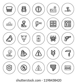 Dangerous icon set. collection of 25 outline dangerous icons with burner, flea, error, laser, fins, malware, no fire allowed, pistol, risk, shark icons. editable icons.