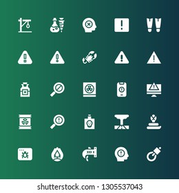 dangerous icon set. Collection of 25 filled dangerous icons included Gallows, Warning, Shark, Forest fire, Infected, Cobra, Tornado, Poison, Radioactive, Alert, Radioactivity