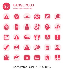 dangerous icon set. Collection of 30 filled dangerous icons included Alert, Warning, Shark, Avalanche, Radioactivity, Poison, Failure, Gallows, Crocodile, Fins, Error, Mechanical saw