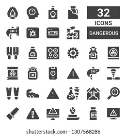 dangerous icon set. Collection of 32 filled dangerous icons included Error, Poison, Cobra, Alert, Warning, Mechanical saw, Avalanche, Crocodile, Fins, Laser, Shark, Radioactive