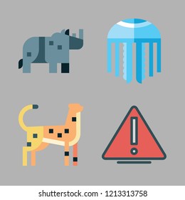 dangerous icon set. vector set about jellyfish, warning, cheetah and rhinoceros icons set.