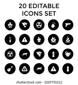 Dangerous icons. set of 20 editable filled dangerous icons such as panther, brush, saw blade, warning, bonfire, radiation. best quality dangerous elements in trendy style.