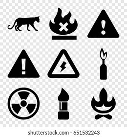 Dangerous icons set. set of 9 dangerous filled icons such as panther, brush, no fire, warning, voltage warning, dynamite, radiation