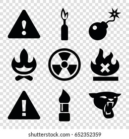 Dangerous icons set. set of 9 dangerous filled icons such as panther, brush, no fire, bomb, warning, dynamite, radiation