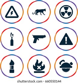 Dangerous icons set. set of 9 dangerous filled icons such as panther, brush, saw blade, no fire, voltage warning, dynamite, gun, radiation
