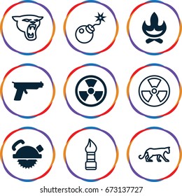 Dangerous icons set. set of 9 dangerous filled and outline icons such as saw blade, gun, radiation, panther, brush, bomb