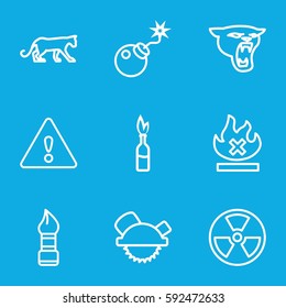 dangerous icons set. Set of 9 dangerous outline icons such as panther, brush, saw blade, no fire, bomb, warning, dynamite