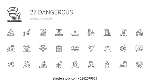 dangerous icons set. Collection of dangerous with snake, tornado, hurricane, pollution, avalanche, spider, eruption, poison, crocodile. Editable and scalable dangerous icons.