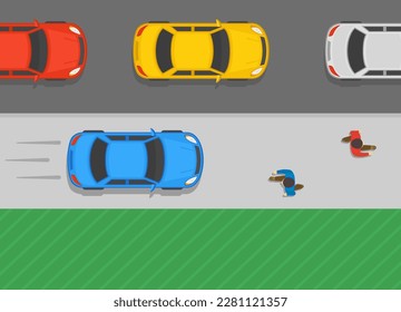 Dangerous and illegal driving. Car moves on the sidewalk to avoid a traffic jam. Top view of a traffic flow. Flat vector illustration template. - Shutterstock ID 2281121357